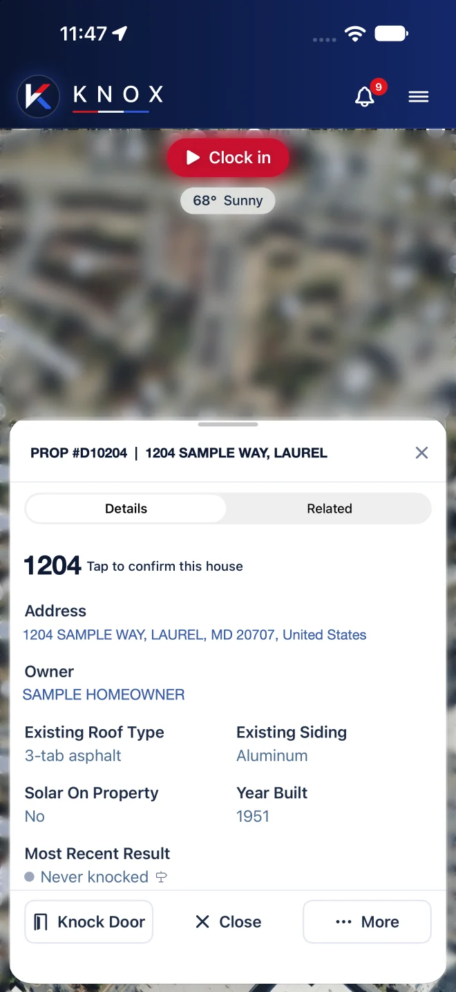 A house selected on the Knox map with its details and a Knock Door button