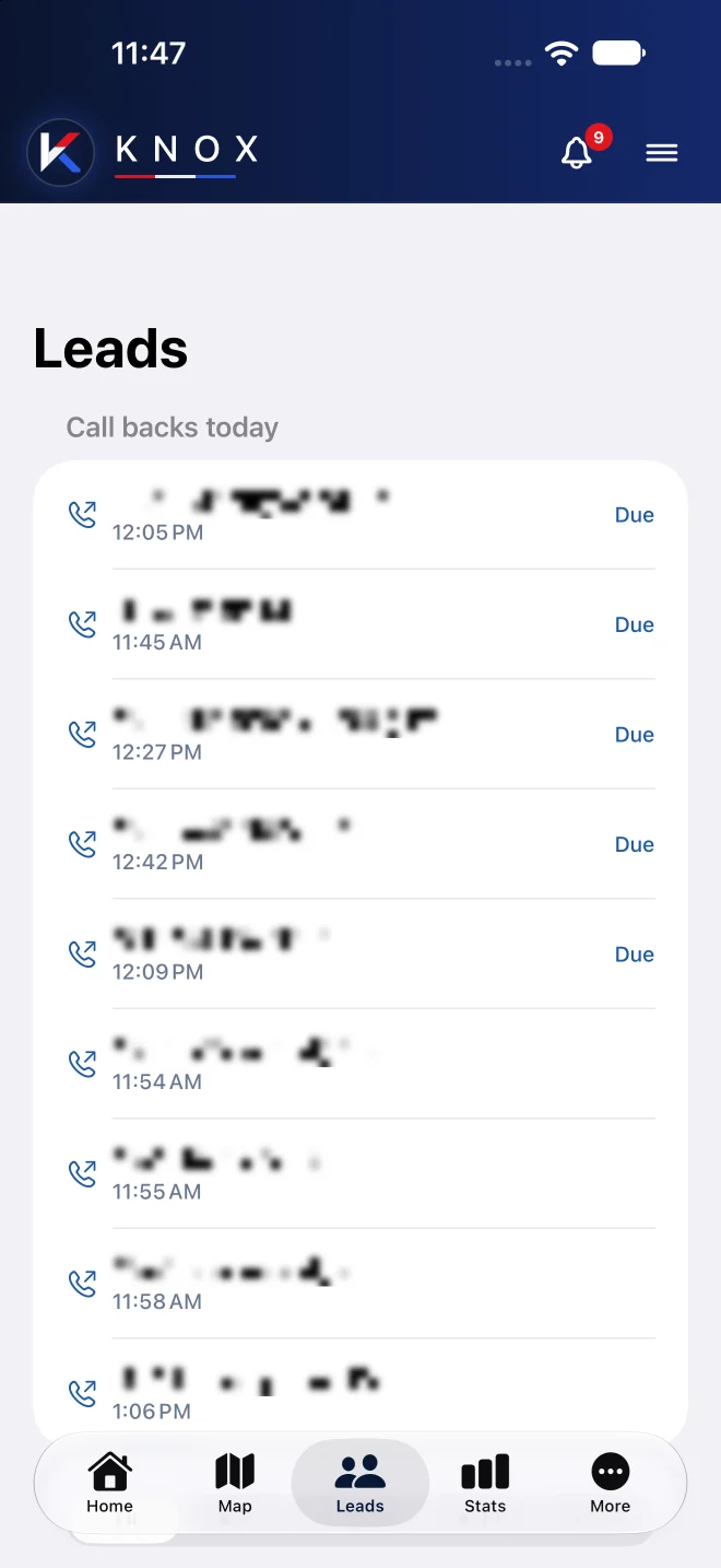 Knox Leads on iPhone listing today's call-backs with times