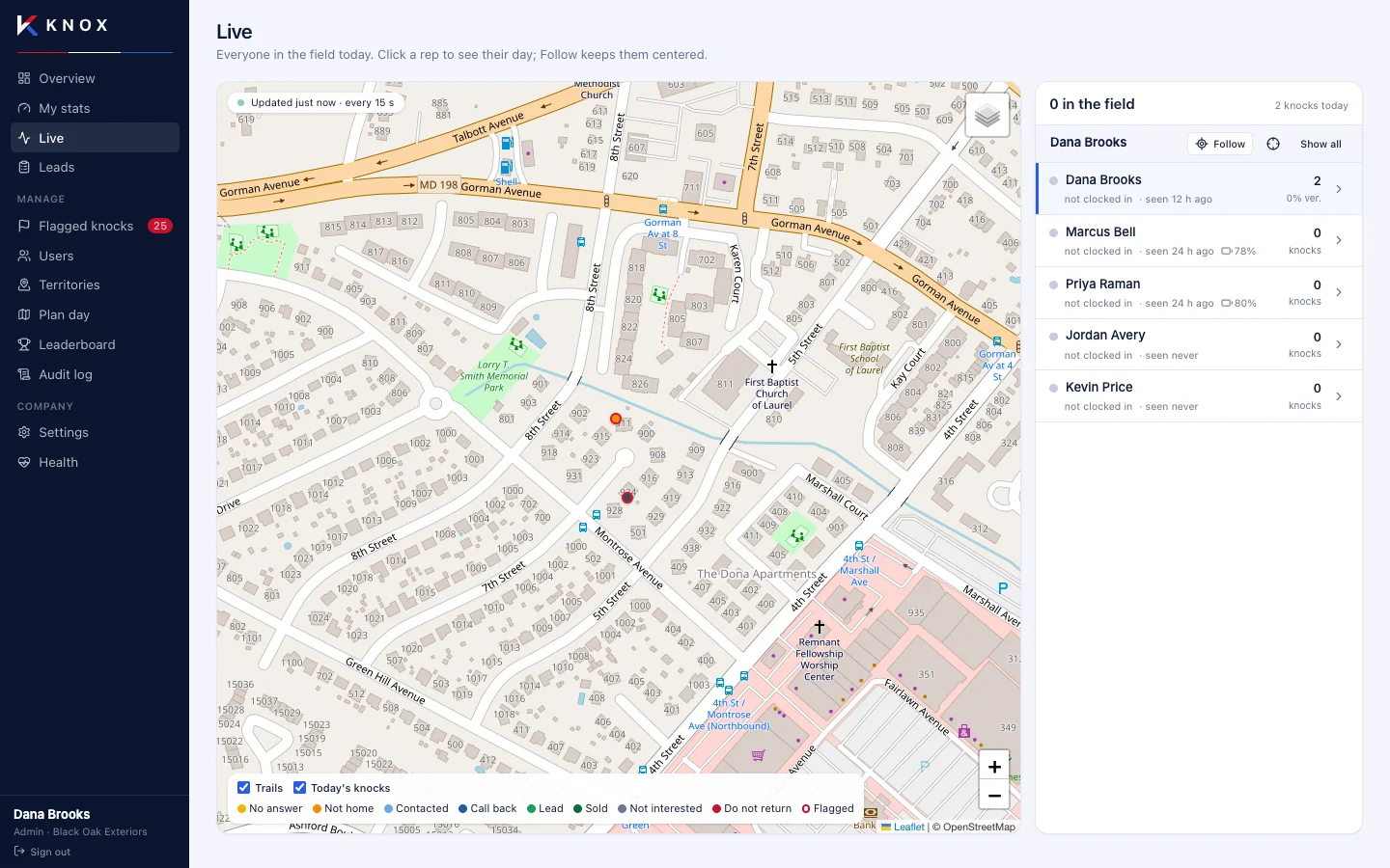 Knox Live map in the manager dashboard with today's knocks and a list of reps showing status, last seen time, battery and knocks